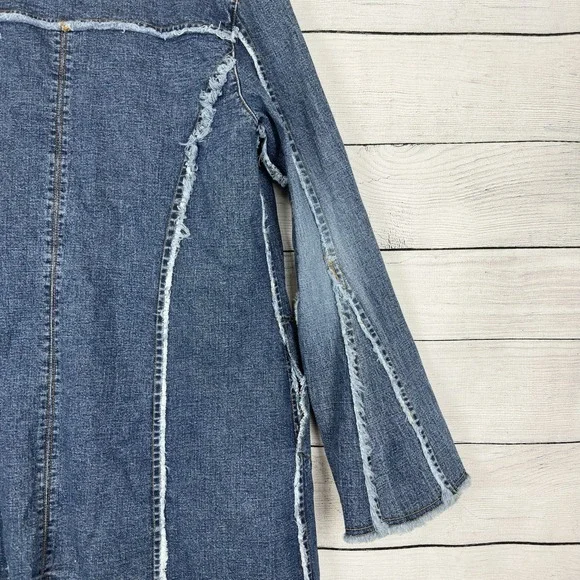 Vintage Y2K Long Denim Jacket Open Frayed Seams Bell Sleeve Women's Large Retro - Picture 6 of 8